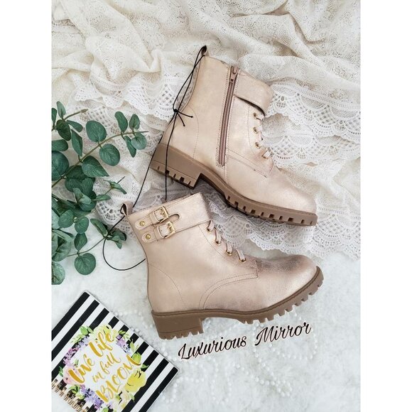 Mia Buckle Hiking Shimmer Rose Gold Boots Suzie Side Zip Up Round Toe Girls 4M - Picture 2 of 9